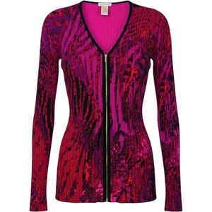 Vintage Cache Full Zip Ribbed Cardigan XS Purple Abstract Animal Print Sweater
